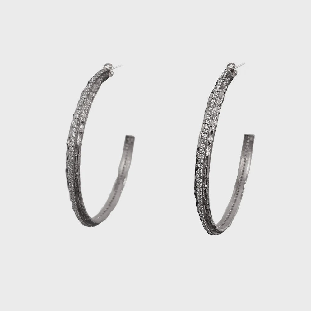 Thin Vintage Silver Crystal Hoops 2"