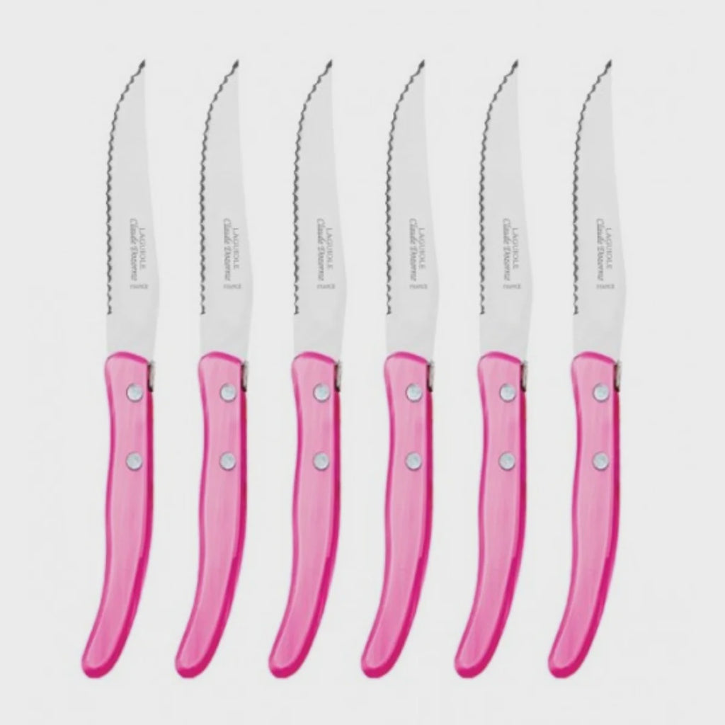 Laguiole Claude Dozorme Set of 6 Steak Knives - Pink Handles