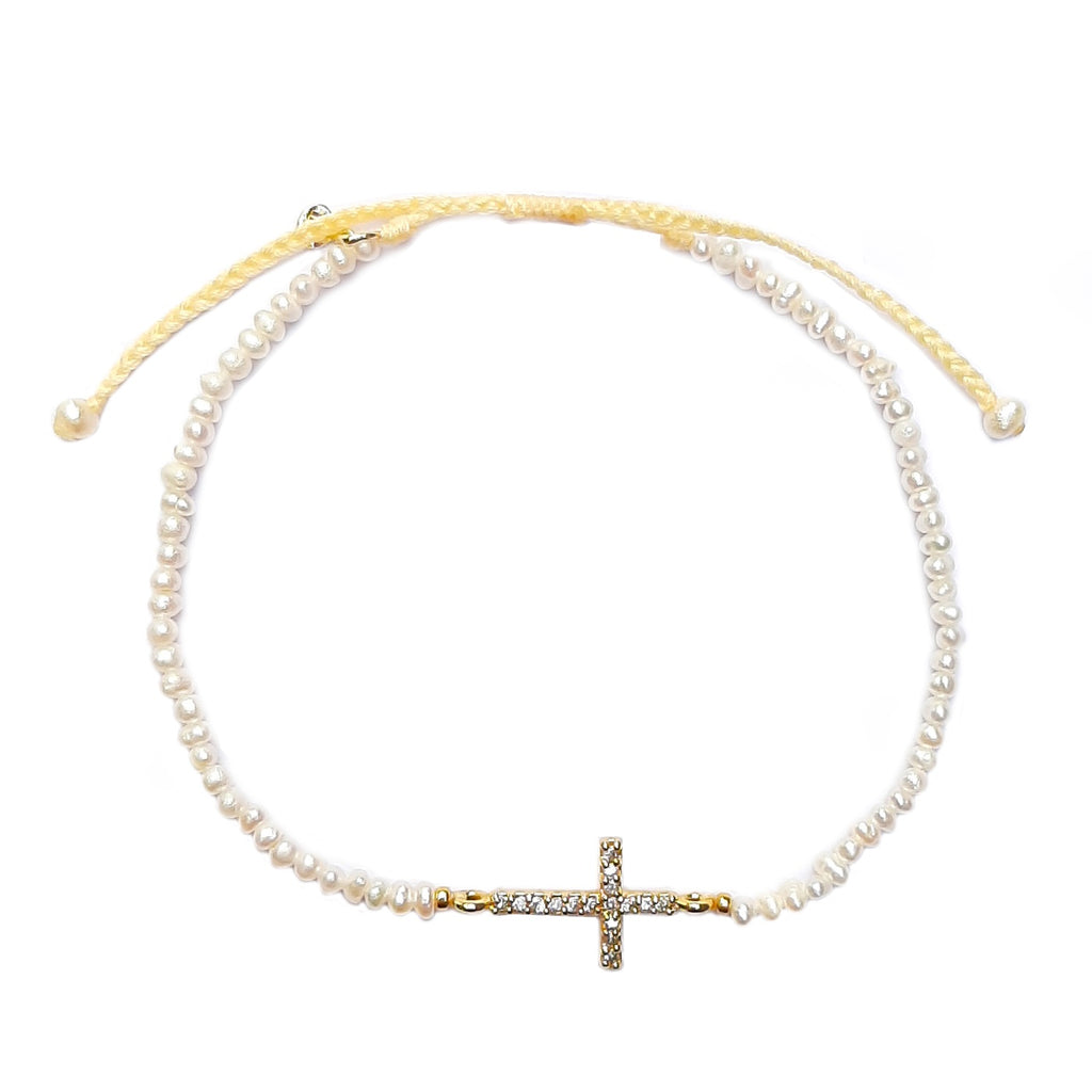 Handmade Pearl Bracelet - Pave Cross